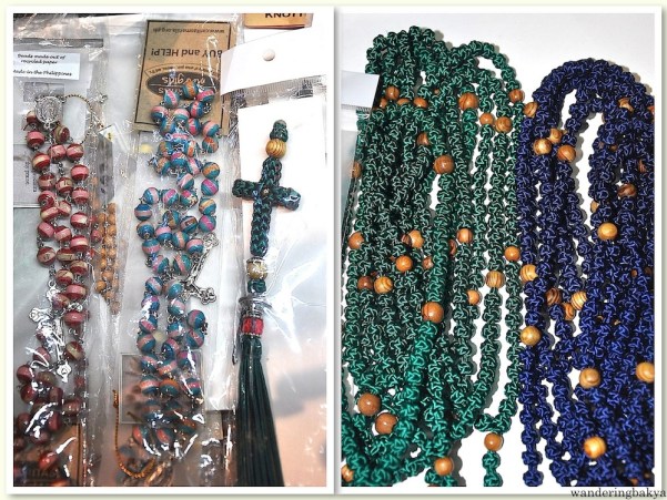 Rosary beads (left) and knotted rosary (right). The inmates of the National Bilibid Prison make the knotted rosaries. Knotted rosary, P150 (US $3.35)